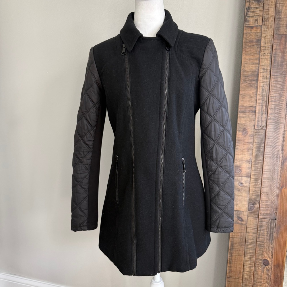 Marc New York Andrew Marc Women's Black Quilted Sleeve‎ Wool-Blend Coat